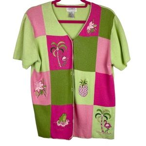 Vintage Y2K Neon Pink Green Checkered Graphic Button Down Top Cardigan Sz Large